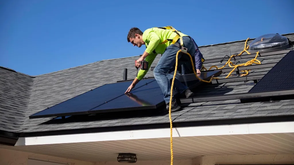 Installer assessing a rooftop for solar suitability